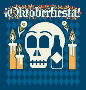 Colorful “Oktoberfiesta!” art featuring a skull, two lit candles, a beer bottle, flowers, and a patterned blue diamond background. This unique design captures the vibrant spirit of oktoberfiesta by perfectly blending Oktoberfest and Day of the Dead themes.