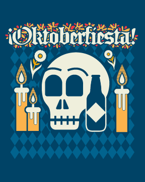 Colorful “Oktoberfiesta!” art featuring a skull, two lit candles, a beer bottle, flowers, and a patterned blue diamond background. This unique design captures the vibrant spirit of oktoberfiesta by perfectly blending Oktoberfest and Day of the Dead themes.