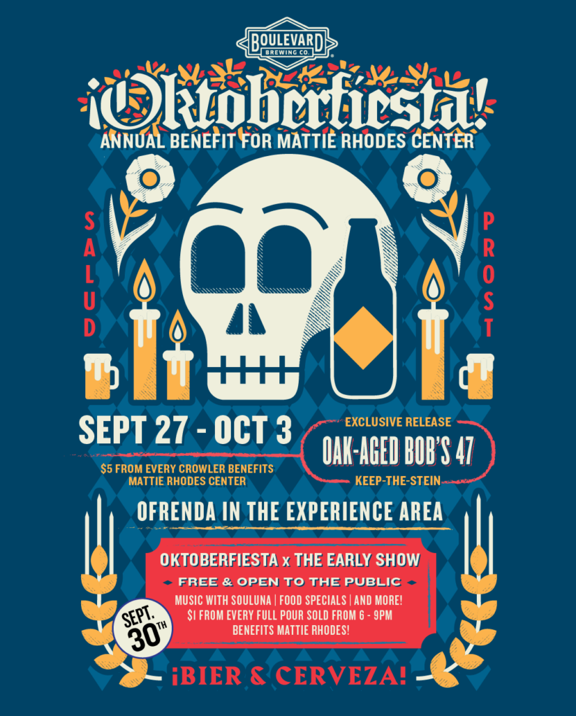Poster for Oktoberfiesta event featuring a vibrant skull, beer bottle, and festive Mexican and German-themed decorations. Celebrate Oktoberfiesta with music, delicious food, and a special beer release from September 27 to October 3. The event benefits Mattie Rhodes Center—don’t miss out on this unique celebration!.