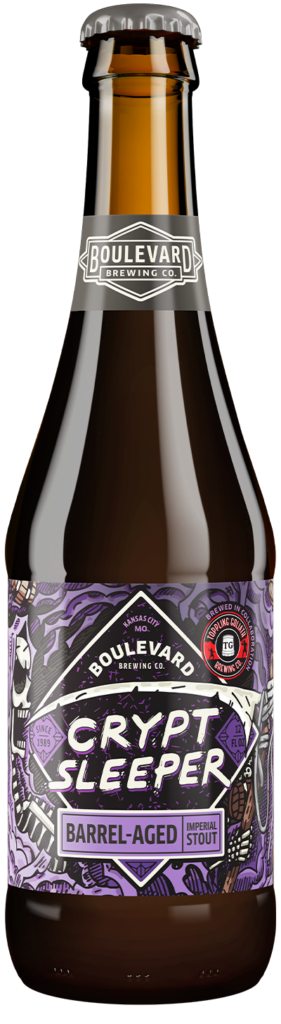 A bottle of Boulevard Brewing Co. Crypt Sleeper Barrel-Aged Imperial Stout with a purple, black, and silver label featuring bold text and a graphic design.