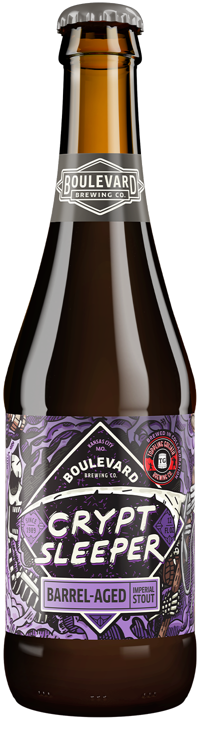 A bottle of Boulevard Brewing Co. Crypt Sleeper Barrel-Aged Imperial Stout with a purple, black, and silver label featuring bold text and a graphic design.