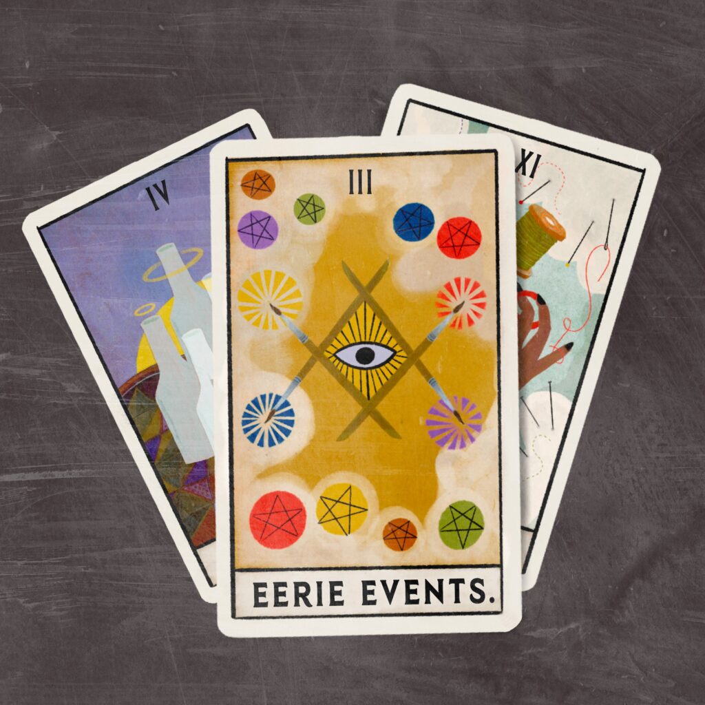 Three tarot cards on a dark surface; the center card reads “Eerie Events” with colorful symbols, while the two flanking cards display abstract designs and Roman numerals IV and XI, evoking a mysterious Boolevard atmosphere.