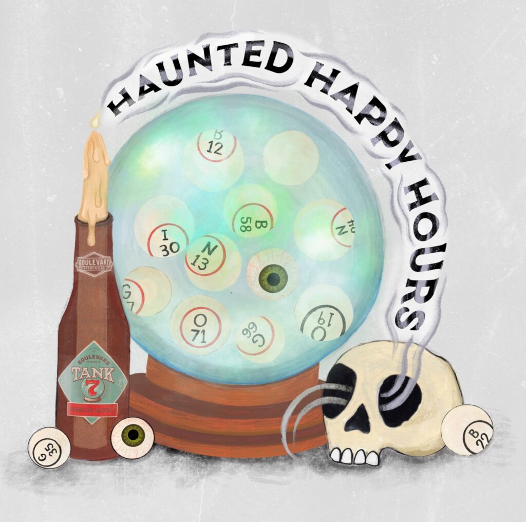 A crystal ball with bingo balls inside, a beer bottle, a skull, and smoke forming the words “Haunted Happy Hours.” Bingo balls and a candle add to the spooky, festive theme—perfect for a mysterious night out on Boolevard.