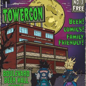 Event poster for Tower Con at Boulevard Brewing Co. on October 11, featuring two cartoon characters on motorcycles in front of the brewery under a full moon.