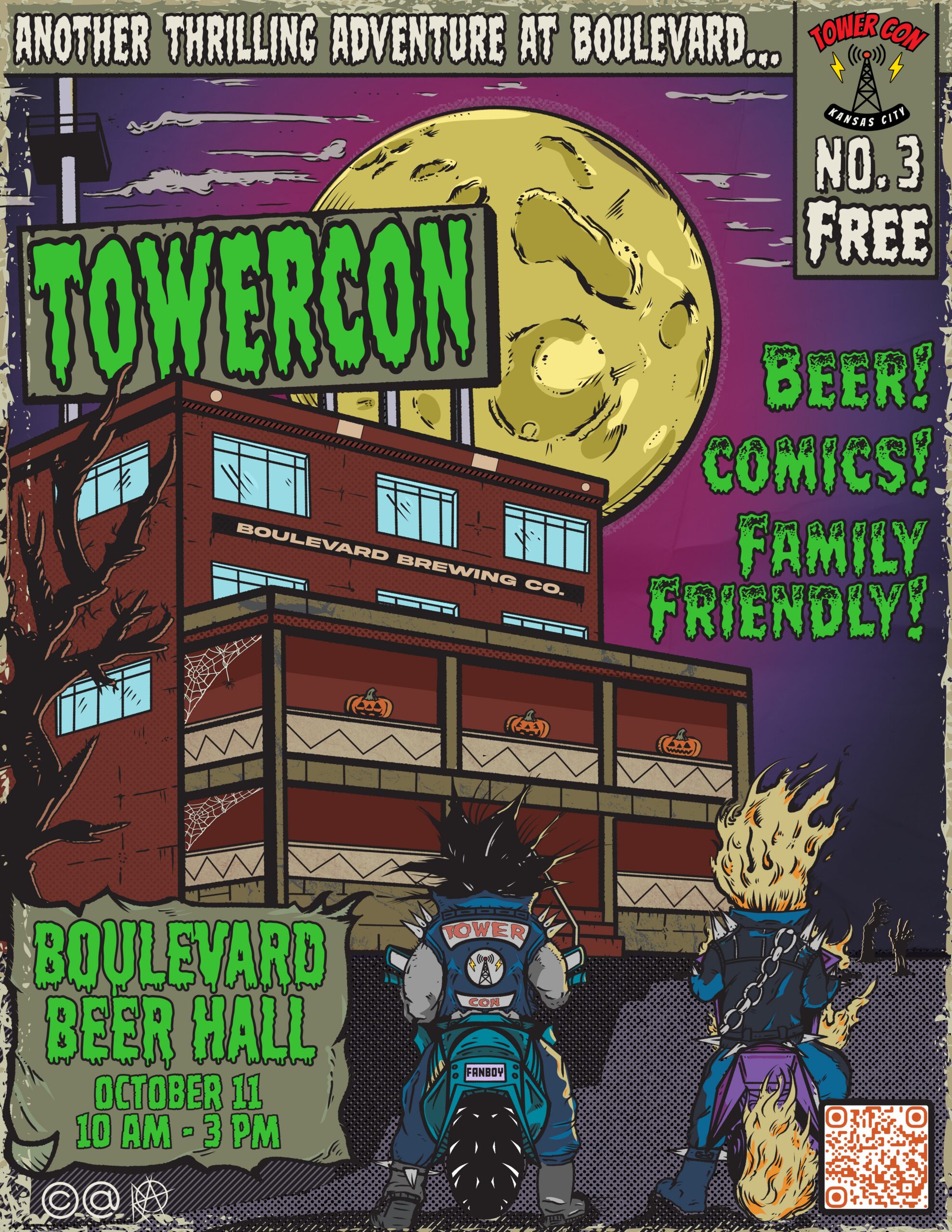 Event poster for Tower Con at Boulevard Brewing Co. on October 11, featuring two cartoon characters on motorcycles in front of the brewery under a full moon.