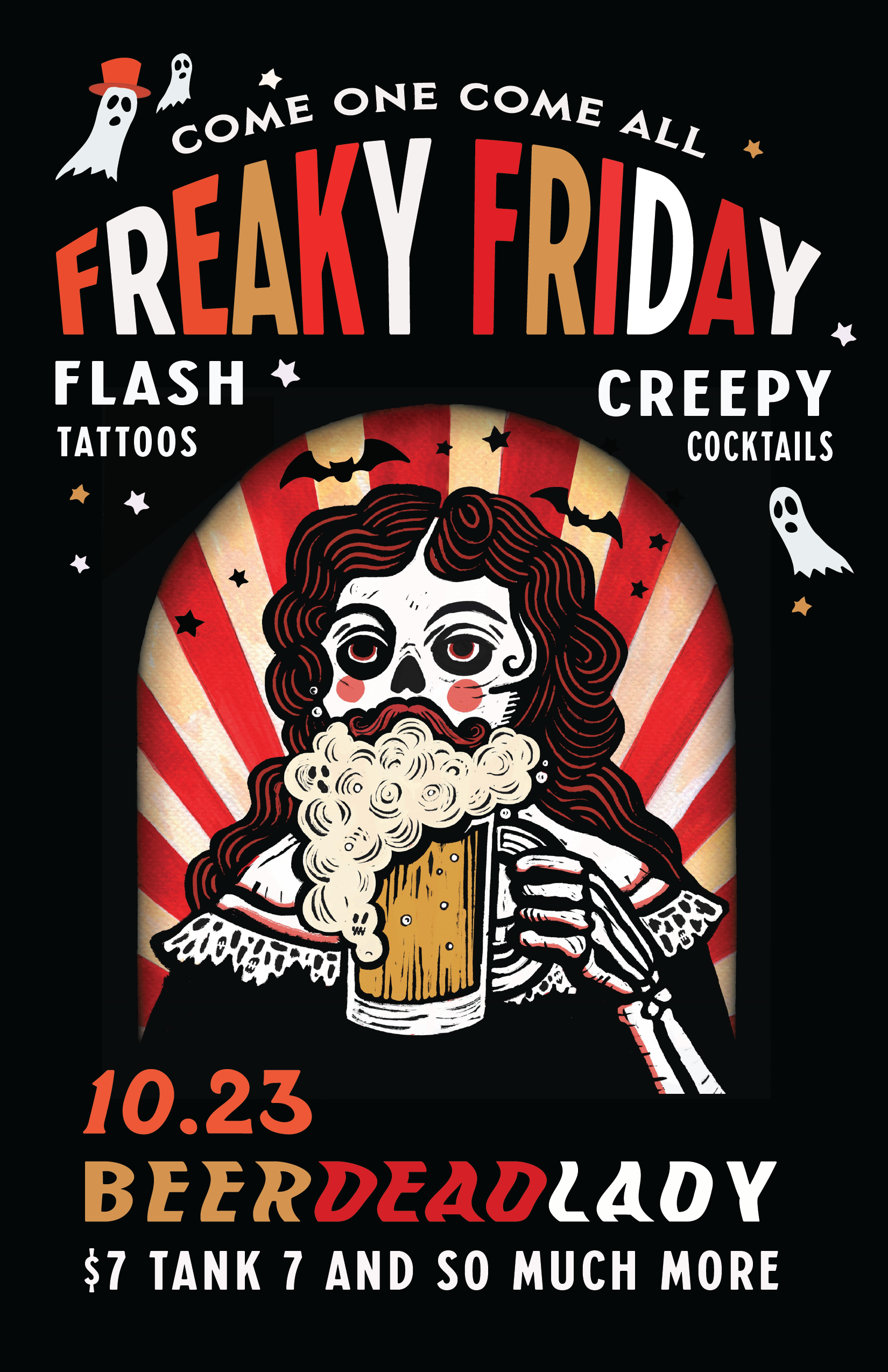 Poster for a Freaky Friday event on October 23, featuring flash tattoos, creepy cocktails, and an illustration of a skeleton woman drinking a beer.