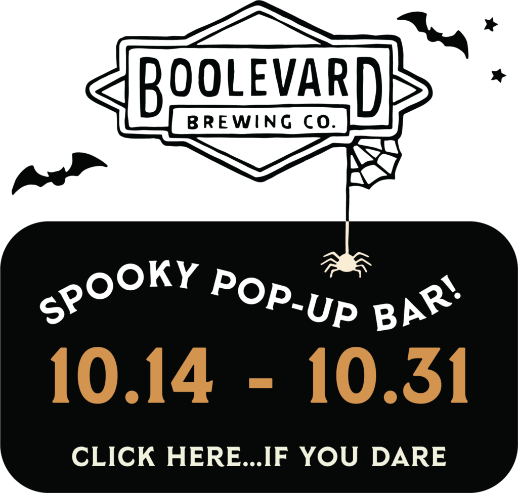 Boulevard Brewing Co. logo above a sign for a TBIF Spooky Pop-Up Bar running from 10.14 to 10.31, with the text “Click here...if you dare.”
