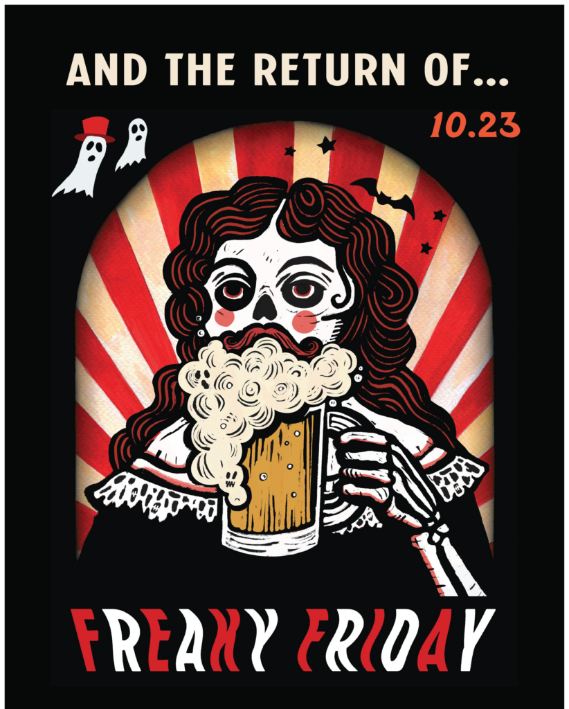 Event poster for the Boolevard “Freaky Friday” on October 23, featuring an illustration of a skeleton drinking a mug of beer in front of a red and white sunburst background.