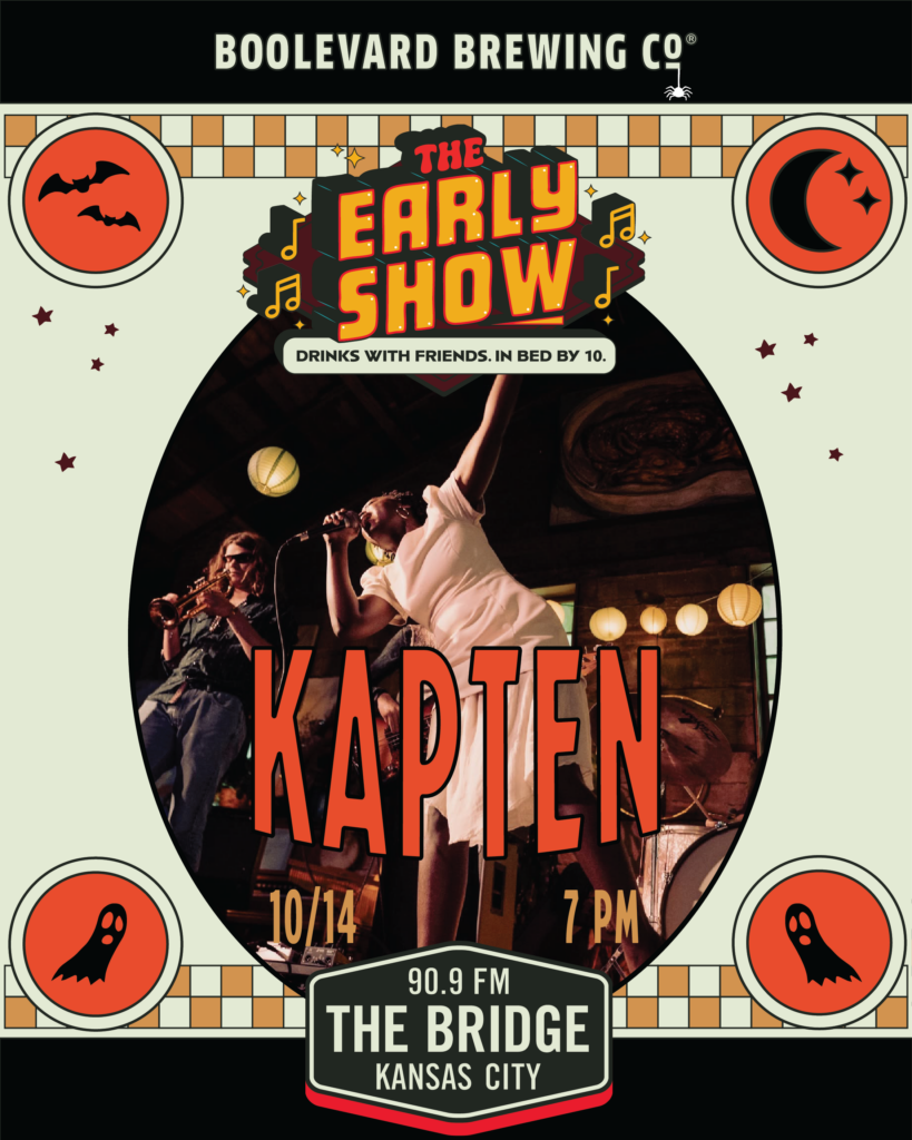 Event poster for The Early Show with Kapten, taking place October 14 at 7 PM, presented by Boulevard Brewing Co. and 90.9 The Bridge.