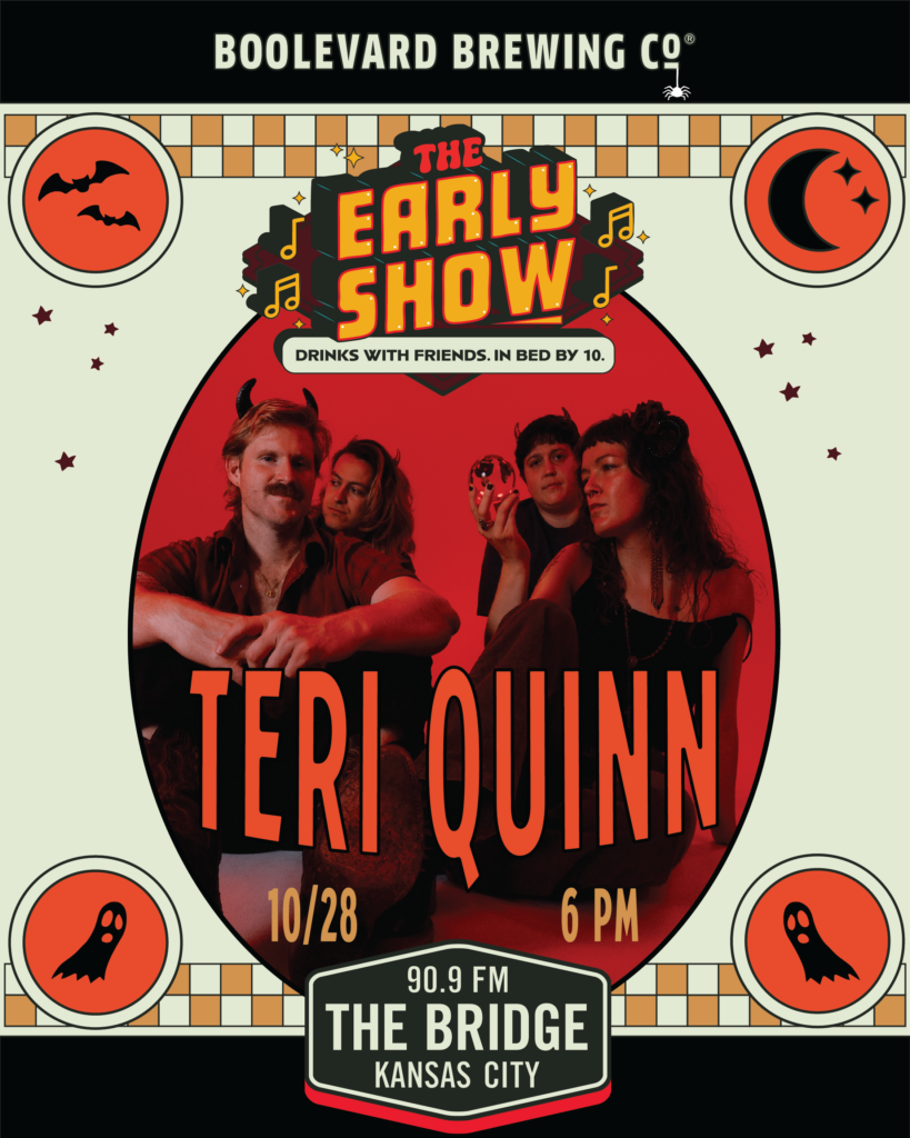 Event poster for Teri Quinn at The Early Show on October 28 at 6 PM, presented by Boulevard Brewing Co. and 90.9 The Bridge, featuring a photo of four people in a Halloween-themed oval frame.