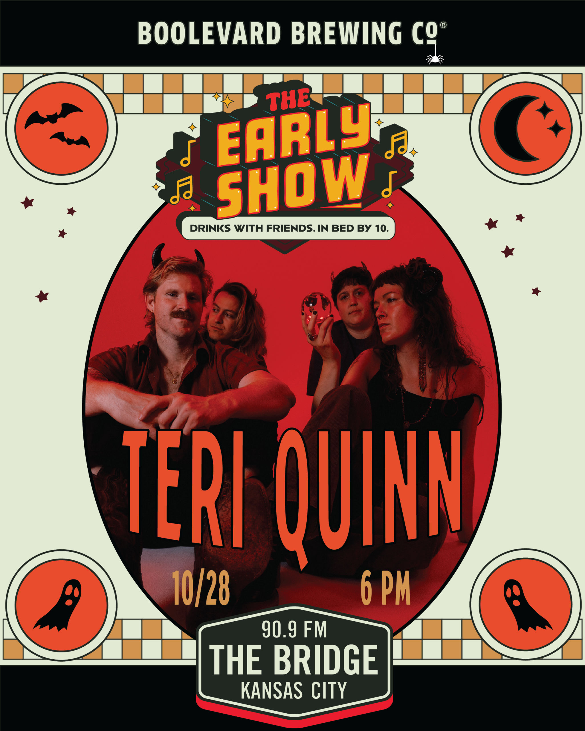Event poster for Teri Quinn at The Early Show on October 28 at 6 PM, presented by Boulevard Brewing Co. and 90.9 The Bridge, featuring a photo of four people in a Halloween-themed oval frame.