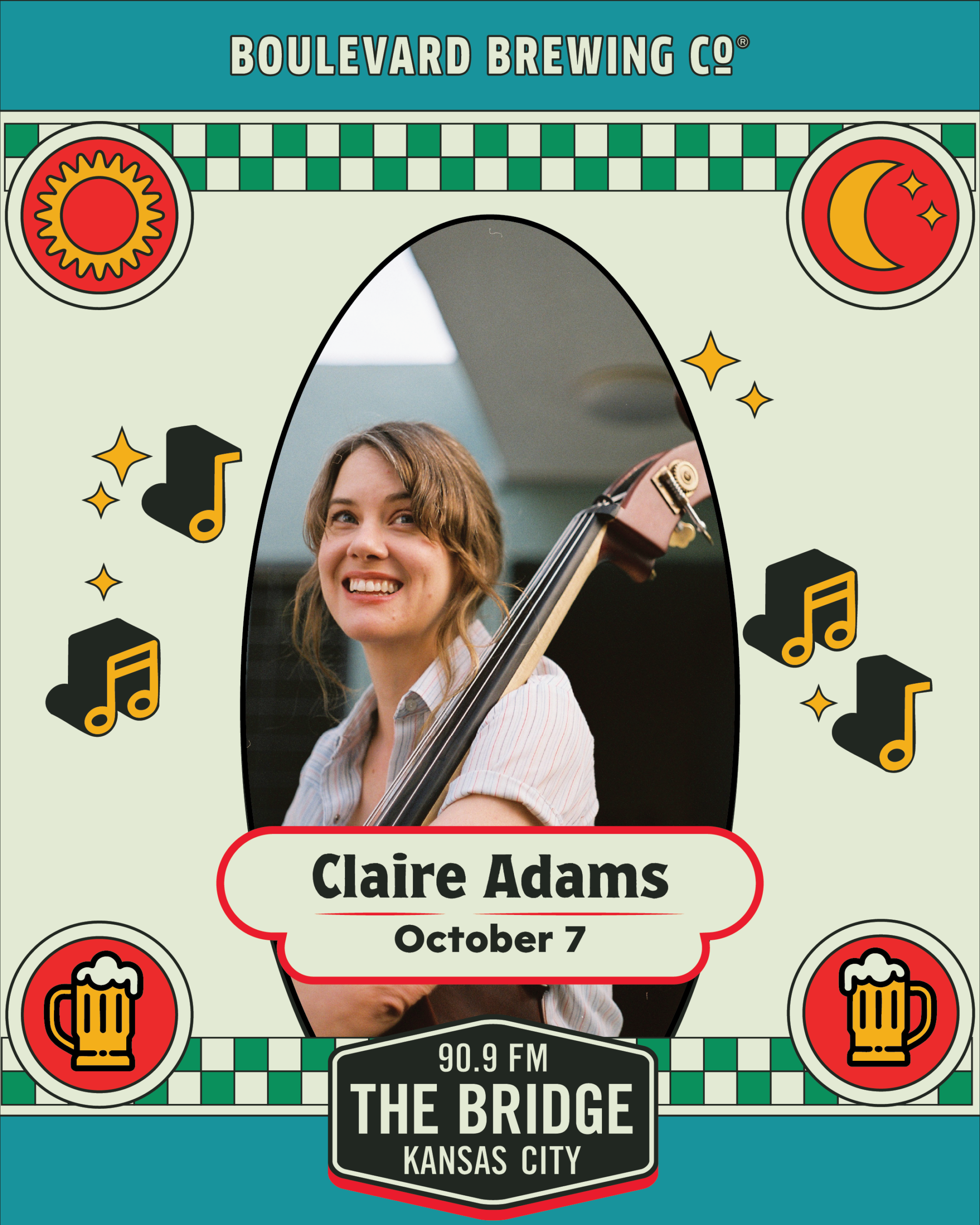 Event poster for The Early Show at Boulevard Brewing Co. featuring musician Claire Adams on October 7, presented by 90.9 FM The Bridge.